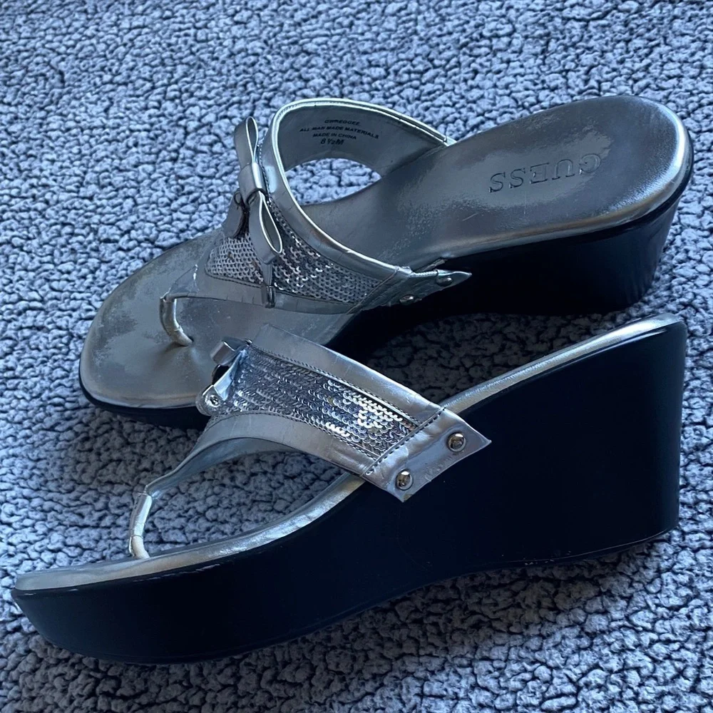 Guess Metallic Silver Sequin Wedge Sandals with Heart Charm